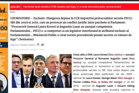 UZURPATORII – Exclusiv. Plangerea depusa la CCR impotriva protocoalelor secrete PICCJ-SRI din 2009 si 2016, care au provocat un conflict juridic intre parchete si Parlament: “Procurorii General Laura Kovesi si Augustin Lazar au uzurpat competenta Parlamentului... PICCJ s-a comportat ca un legiuitor interferand in atributul exclusiv al Parlamentului... Ministerul Public a creat norme procedurale penale secrete cu valoare de lege” (Sesizarea)